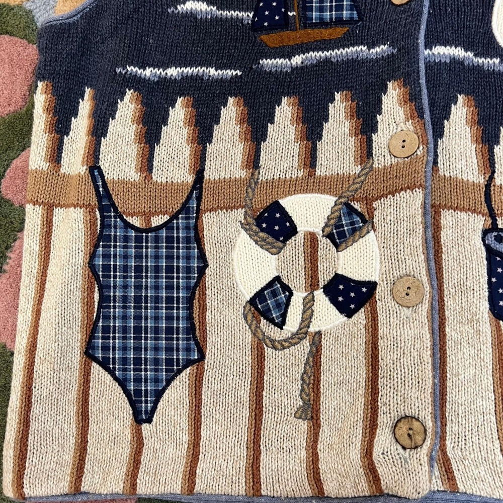 Vintage Nautical Sweater Vest Sailboat Fishing Scene Grandpacore XL - Picture 2 of 7